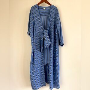 H&M Women Wrap Dress Long Sleeve Striped Midi Dress Blue Beach Tie Kimono Size 4
